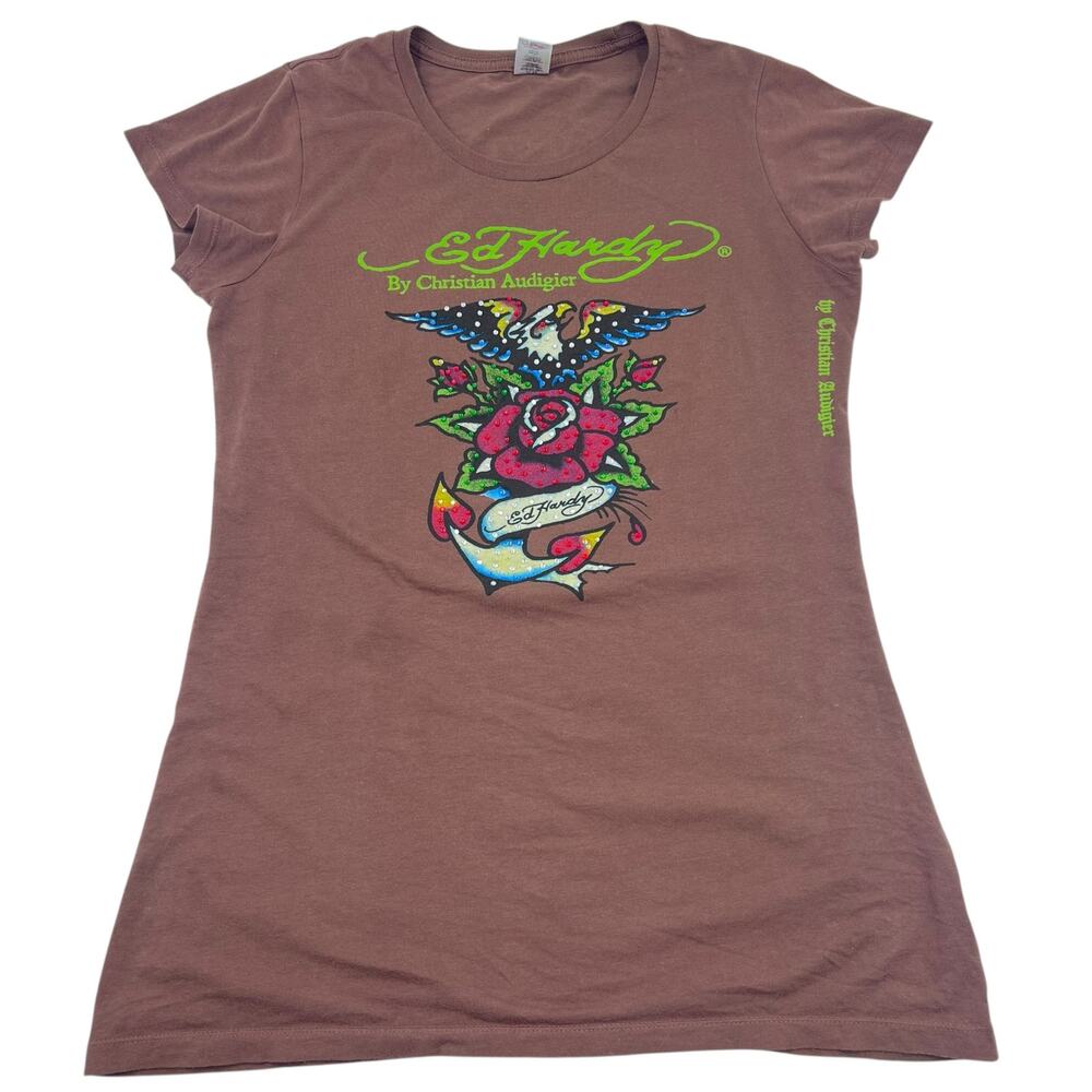 Ed Hardy Vintage Y2K Grunge Street Brown Eagle Floral Rhinestone T-Shirt Sz L